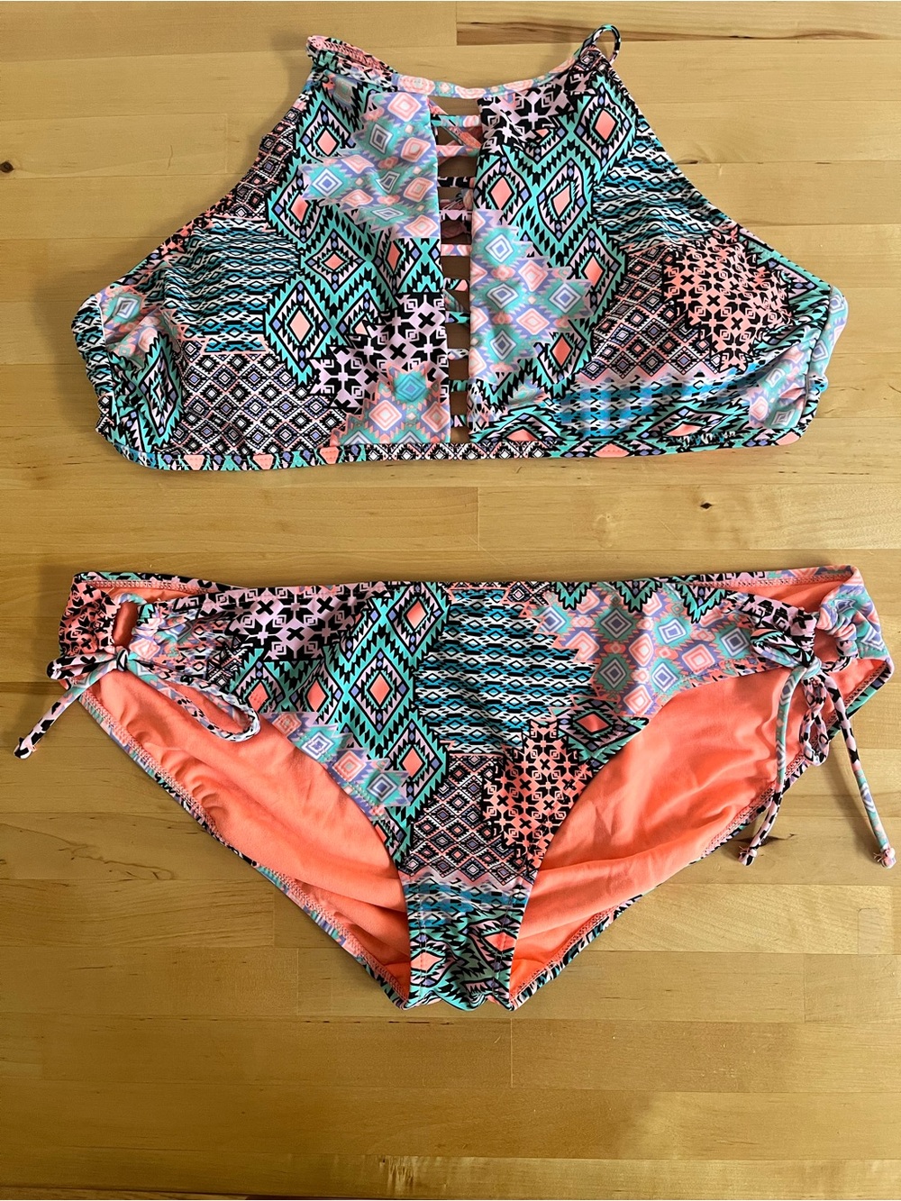 Catalina Pastel Tribal Geometric Bikini Set  Halter Top Patchwork Boho Sz XL